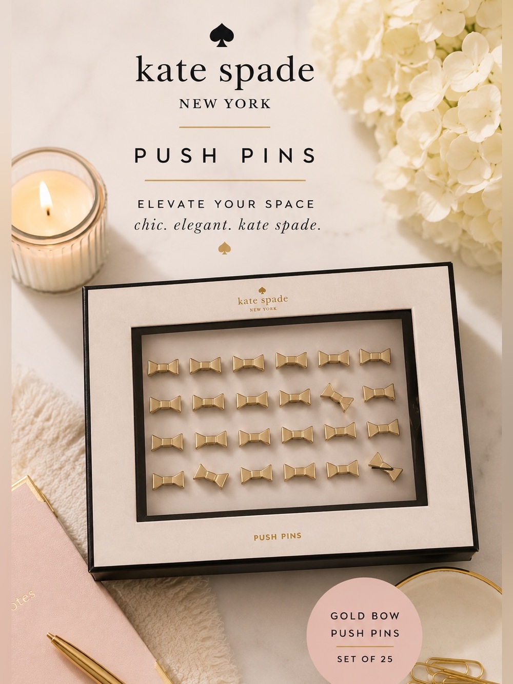 Kate Spade New York Gold Bow Push Pins Set of 25 Desk Accessories Office Decor